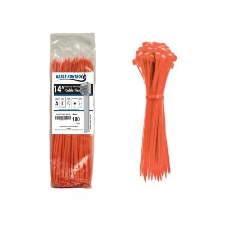 Kable Kontrol Cable Tie, 14 in L, 4.01 in Max Bundle Dia., Orange, Nylon 6/6, 50 lb Strength, 100 PK CT514FL-OR-100